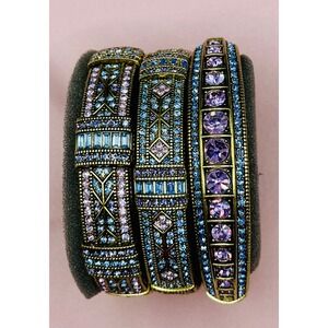 Heidi Daus Blue Purple Crystal Hinged Bracelets Set 3pc Antiqued Bronze NWB